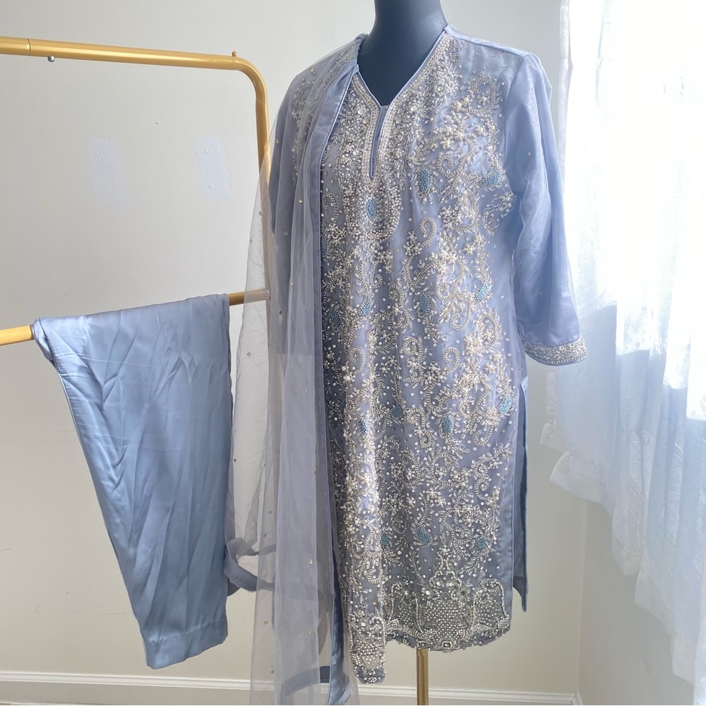 HEAVY Embroidered Blue and silver shalwar kameez